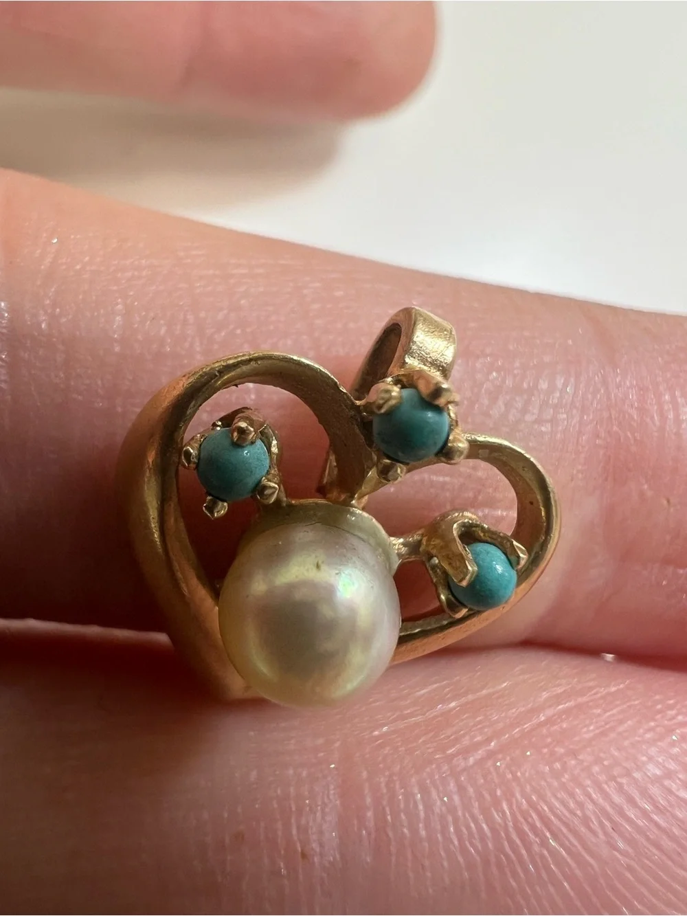 14K Gold Heart Pearl and Turquoise Accent Pendant